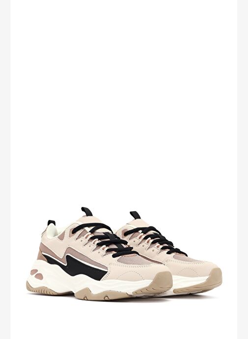 Kadın Bej Bağcıklı Kalın Tabanlı Sneaker 25AFD494314 - Görsel 4