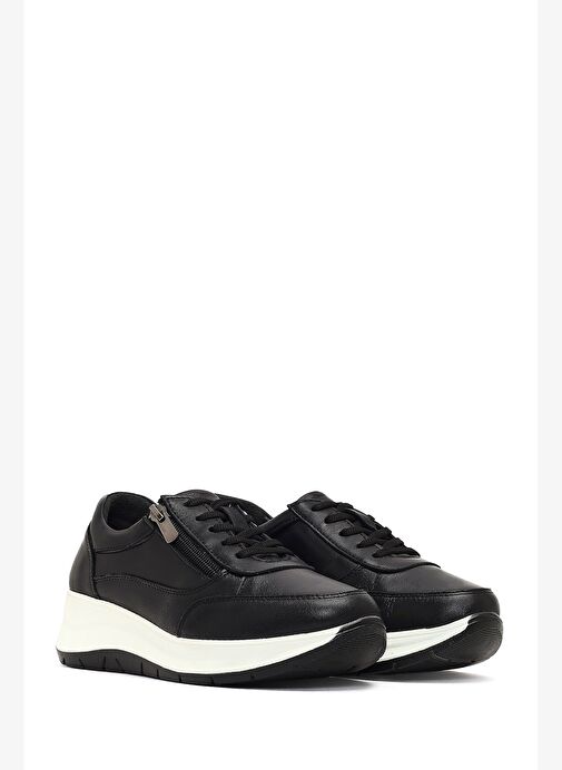 Kadın Siyah Bağcıklı Kalın Tabanlı Deri Sneaker 25AFD501718 - Görsel 4