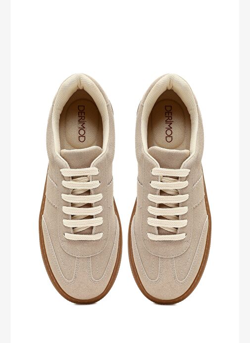 Kadın Bej Bağcıklı Kalın Tabanlı Süet Sneaker 25AFE145210 - Görsel 8