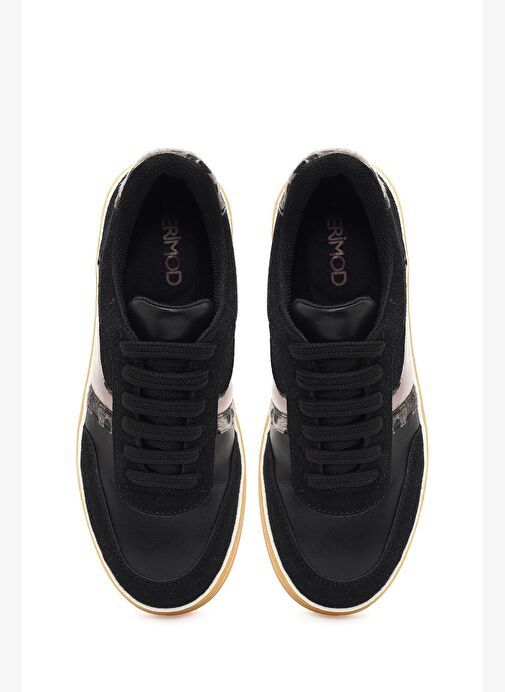 Kadın Siyah Bağcıklı Kalın Tabanlı Desenli Deri Sneaker 25AFE145314 - Görsel 8