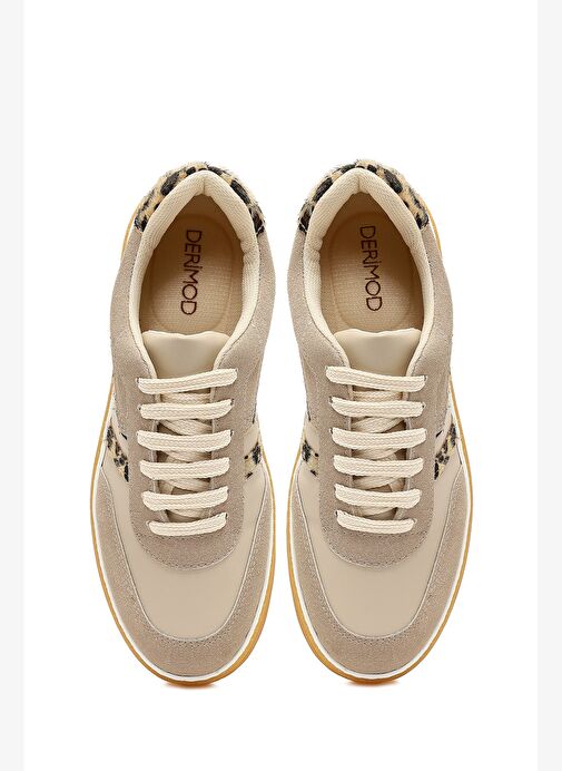 Kadın Bej Bağcıklı Kalın Tabanlı Desenli Deri Sneaker 25AFE145314 - Görsel 8