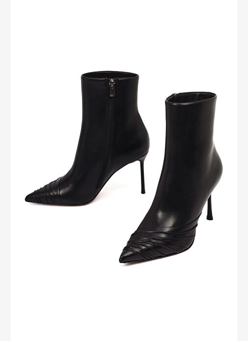 Kadın Siyah Fermuarlı İnce Topuklu Deri Bot 25WFD101318 - Görsel 4
