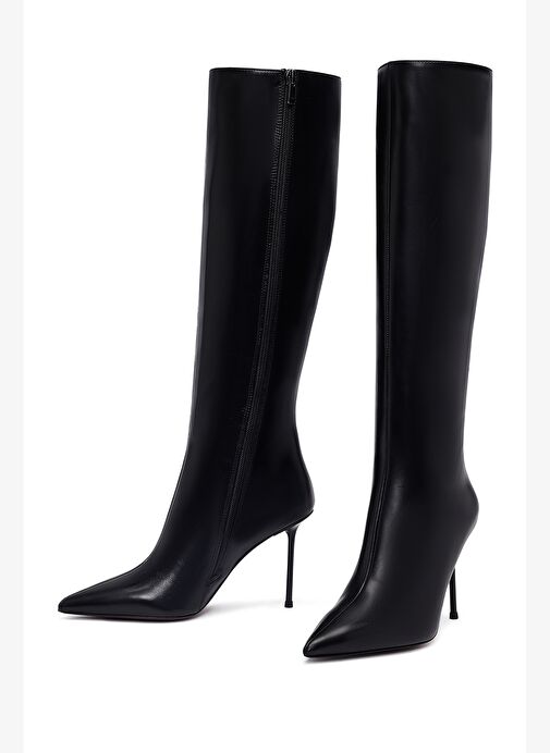 Kadın Siyah Fermuarlı Yüksek İnce Topuklu Deri Çizme 25WFD101618 - Görsel 4