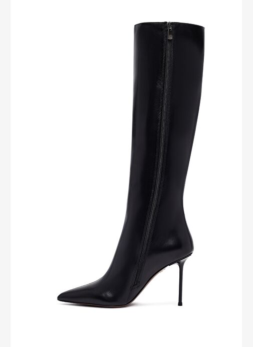 Kadın Siyah Fermuarlı Yüksek İnce Topuklu Deri Çizme 25WFD101618 - Görsel 5