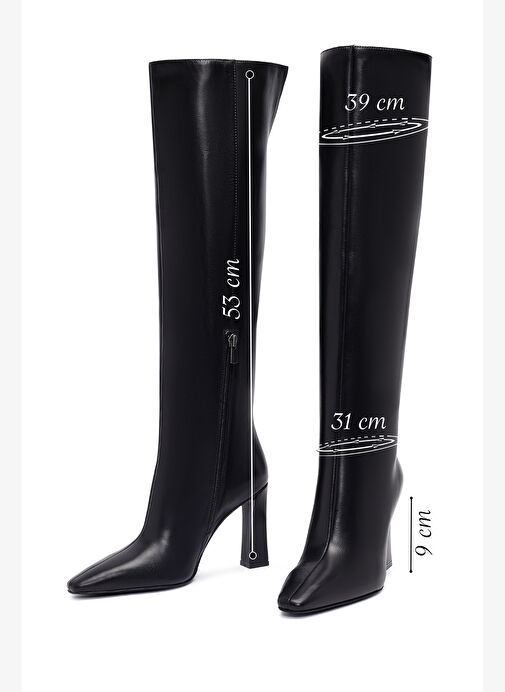 Kadın Siyah Fermuarlı Yüksek Kalın Topuklu Deri Çizme 25WFD101718 - Görsel 3
