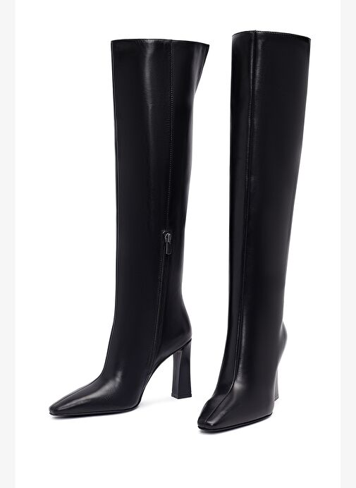 Kadın Siyah Fermuarlı Yüksek Kalın Topuklu Deri Çizme 25WFD101718 - Görsel 4