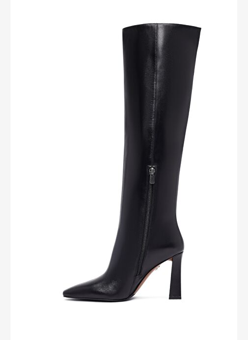 Kadın Siyah Fermuarlı Yüksek Kalın Topuklu Deri Çizme 25WFD101718 - Görsel 5