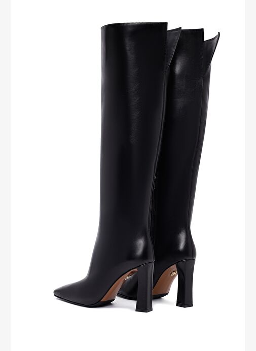 Kadın Siyah Fermuarlı Yüksek Kalın Topuklu Deri Çizme 25WFD101718 - Görsel 8