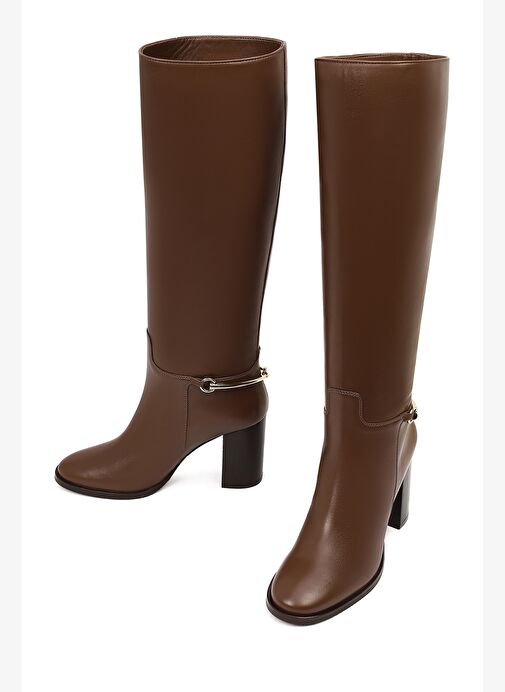 Kadın Kahverengi Kalın Topuklu Deri Çizme 25WFD101818 - Görsel 4