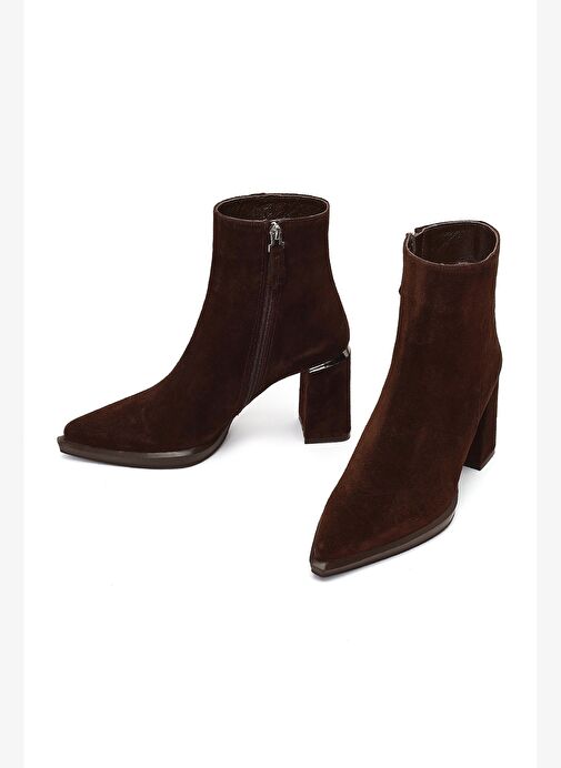 Kadın Kahverengi Fermuarlı Süet Deri Kalın Topuklu Bot 25WFD131010 - Görsel 4