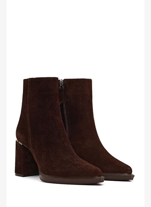 Kadın Kahverengi Fermuarlı Süet Deri Kalın Topuklu Bot 25WFD131010 - Görsel 6