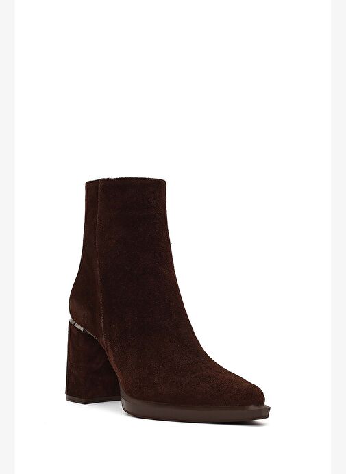 Kadın Kahverengi Fermuarlı Süet Deri Kalın Topuklu Bot 25WFD131010 - Görsel 9