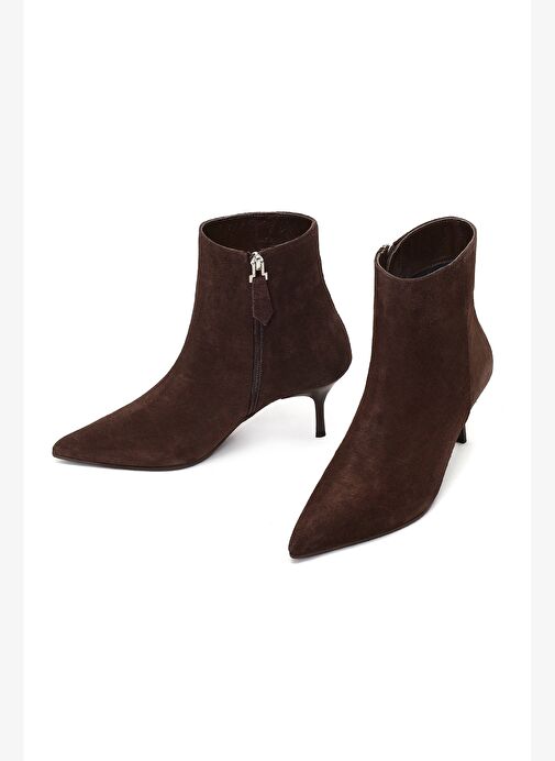 Kadın Kahverengi Fermuarlı İnce Topuklu Süet Deri Bot 25WFD131310 - Görsel 4