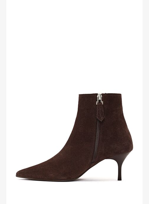 Kadın Kahverengi Fermuarlı İnce Topuklu Süet Deri Bot 25WFD131310 - Görsel 5