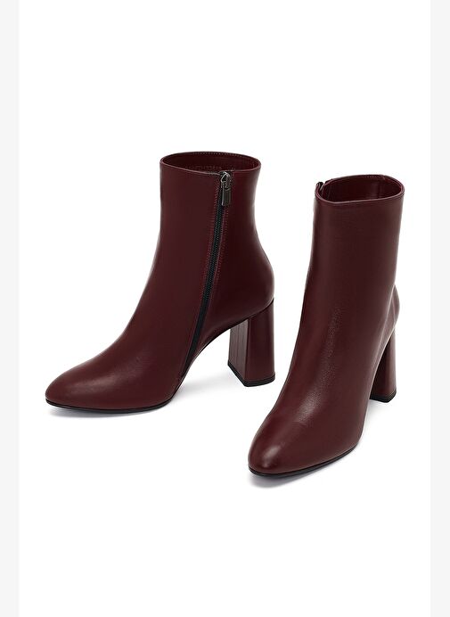 Kadın Bordo Fermuarlı Kalın Yüksek Topuklu Deri Bot 25WFD131418 - Görsel 4