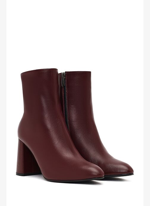 Kadın Bordo Fermuarlı Kalın Yüksek Topuklu Deri Bot 25WFD131418 - Görsel 6