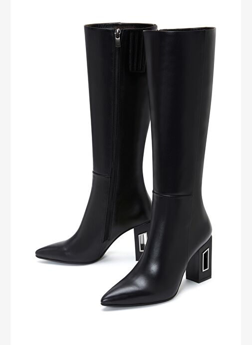 Kadın Siyah Fermuarlı Topuklu Deri Çizme 25WFD131518 - Görsel 4