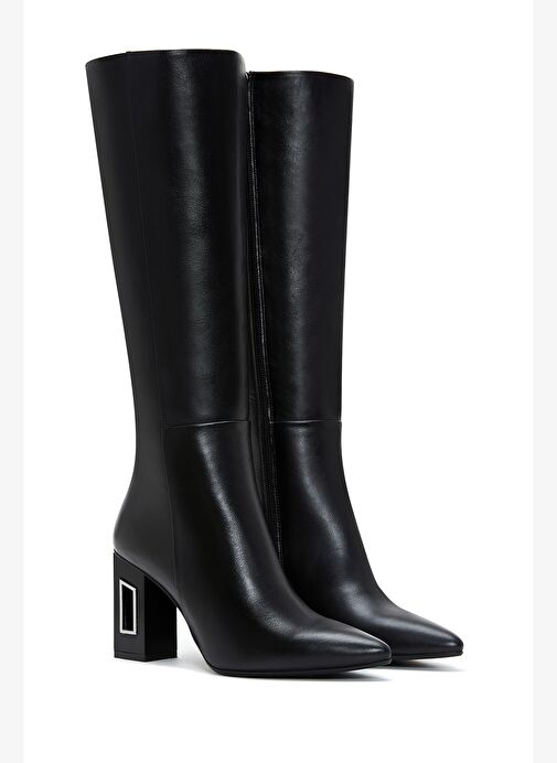 Kadın Siyah Fermuarlı Topuklu Deri Çizme 25WFD131518 - Görsel 6