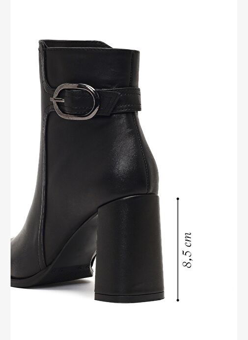 Kadın Siyah Tokalı Fermuarlı Kalın Topuklu Deri Bot 25WFD132718 - Görsel 3