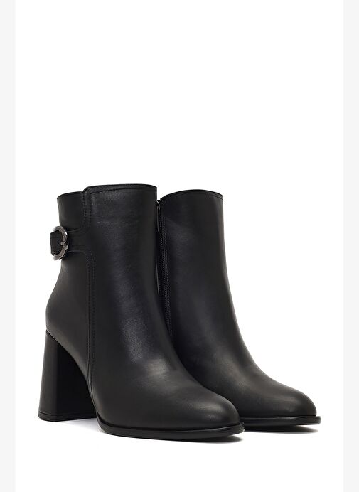 Kadın Siyah Tokalı Fermuarlı Kalın Topuklu Deri Bot 25WFD132718 - Görsel 6