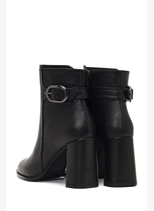 Kadın Siyah Tokalı Fermuarlı Kalın Topuklu Deri Bot 25WFD132718 - Görsel 8