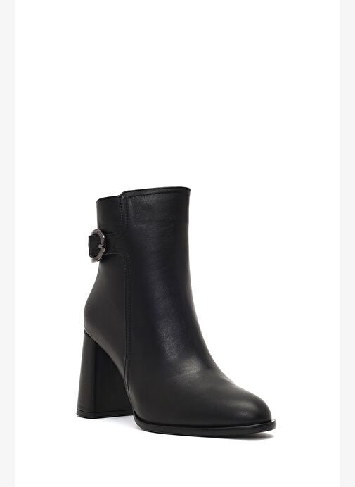 Kadın Siyah Tokalı Fermuarlı Kalın Topuklu Deri Bot 25WFD132718 - Görsel 9