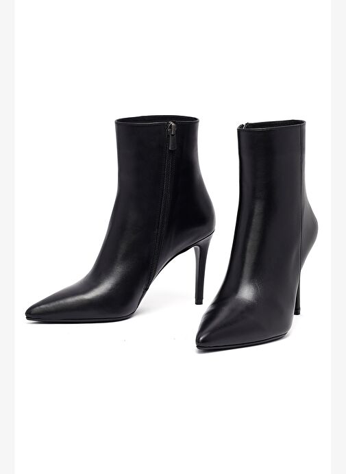 Kadın Siyah Fermuarlı Yüksek İnce Topuklu Deri Bot 25WFD133018 - Görsel 4