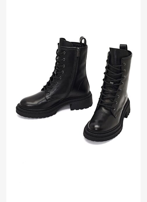 Kadın Siyah Fermuarlı Kalın Tabanlı Deri Bot 25WFD140618 - Görsel 4