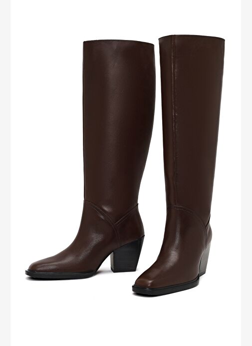 Kadın Kahverengi Kalın Topuklu Deri Çizme 25WFD141418 - Görsel 4