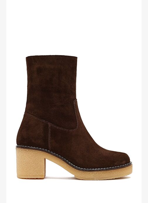 Kadın Kahverengi Fermuarlı Kalın Topuklu Süet Deri Bot 25WFD151310 - Görsel 2