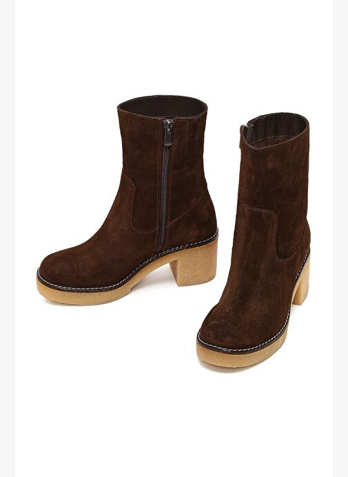 Kadın Kahverengi Fermuarlı Kalın Topuklu Süet Deri Bot 25WFD151310 - Görsel 4