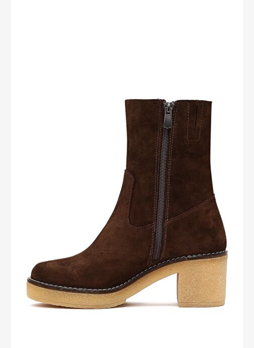 Kadın Kahverengi Fermuarlı Kalın Topuklu Süet Deri Bot 25WFD151310 - Görsel 5