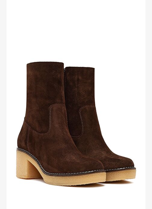 Kadın Kahverengi Fermuarlı Kalın Topuklu Süet Deri Bot 25WFD151310 - Görsel 6