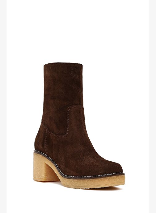Kadın Kahverengi Fermuarlı Kalın Topuklu Süet Deri Bot 25WFD151310 - Görsel 9
