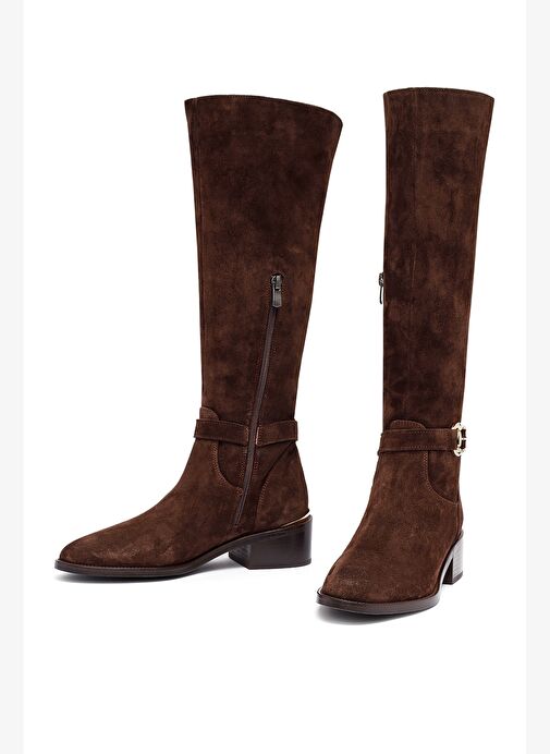 Kadın Kahverengi Fermuarlı Kısa Topuklu Süet Deri Çizme 25WFD153510 - Görsel 4