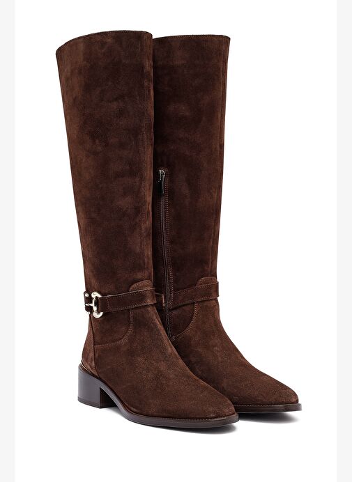 Kadın Kahverengi Fermuarlı Kısa Topuklu Süet Deri Çizme 25WFD153510 - Görsel 6