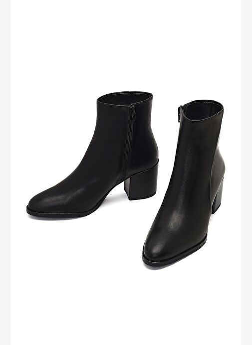 Kadın Siyah Fermuarlı Kalın Topuklu Deri Bot 25WFD162918 - Görsel 4