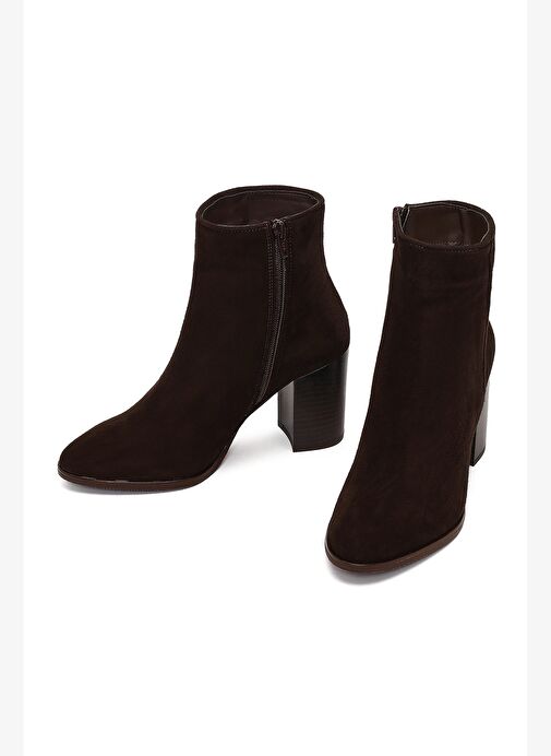 Kadın Kahverengi Fermuarlı Kalın Topuklu Süet Deri Bot 25WFD163010 - Görsel 4