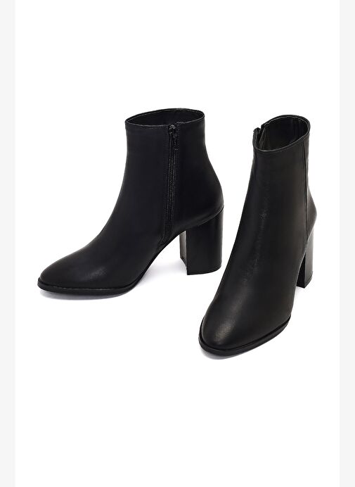 Kadın Siyah Fermuarlı Kalın Topuklu Deri Bot 25WFD163018 - Görsel 4