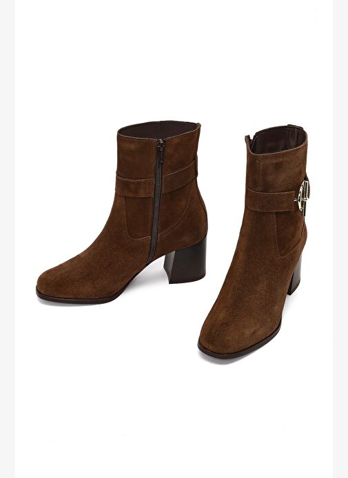 Kadın Taba Fermuarlı Kalın Topuklu Süet Deri Bot 25WFD163110 - Görsel 4