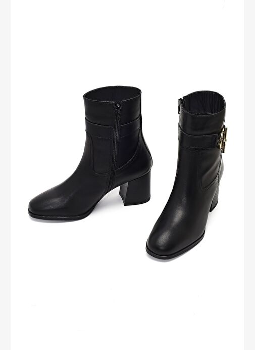Kadın Siyah Fermuarlı Kalın Topuklu Deri Bot 25WFD163118 - Görsel 4
