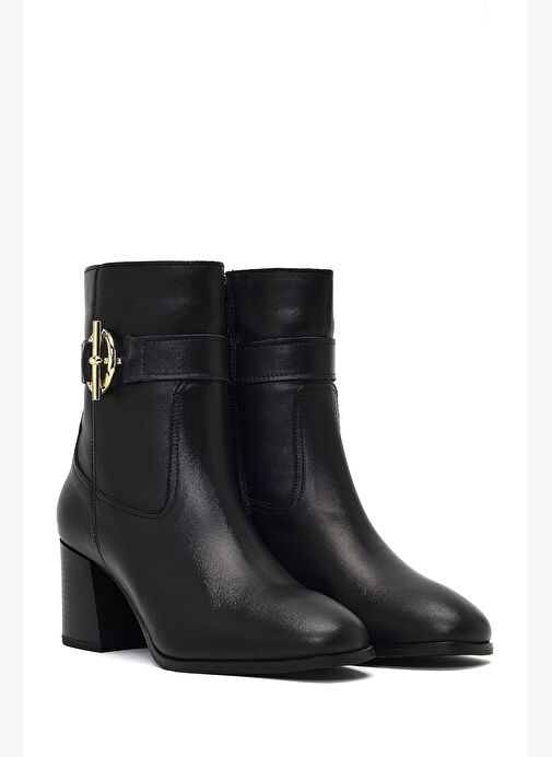 Kadın Siyah Fermuarlı Kalın Topuklu Deri Bot 25WFD163118 - Görsel 6