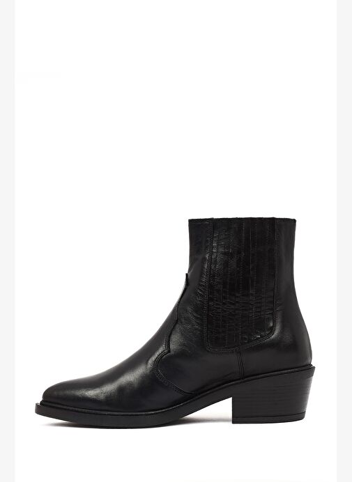 Kadın Siyah Kısa Kalın Topuklu Deri Kovboy Bot 25WFD182718 - Görsel 3