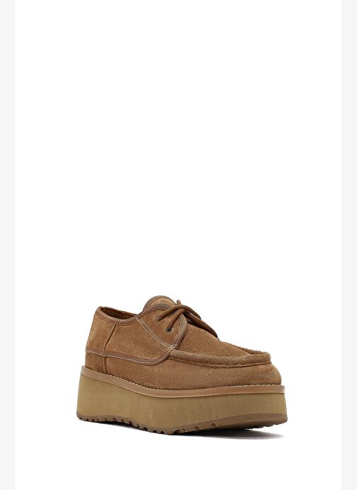 Kadın Bej Kalın Tabanlı Bağcıklı Süet Deri Teddy Casual Ayakkabı 25AFD189610 - Görsel 7