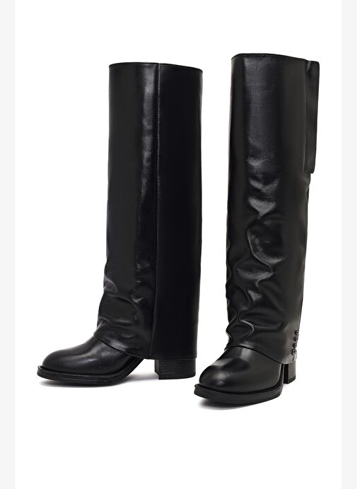 Kadın Siyah Kalın Topuklu Deri Çizme 25WFD185918 - Görsel 4