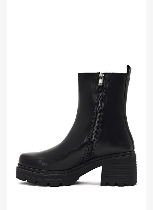 Kadın Siyah Fermuarlı Kalın Topuklu Deri Bot 25WFD187518 - Görsel 5
