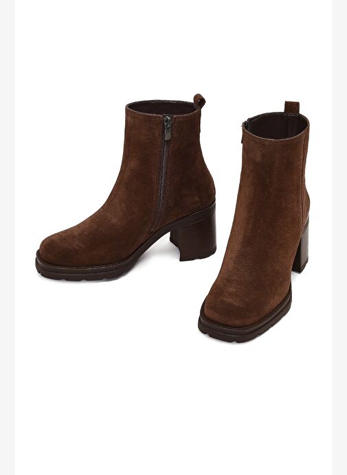 Kadın Kahverengi Fermuarlı Kalın Topuklu Süet Deri Bot 25WFD188410 - Görsel 4