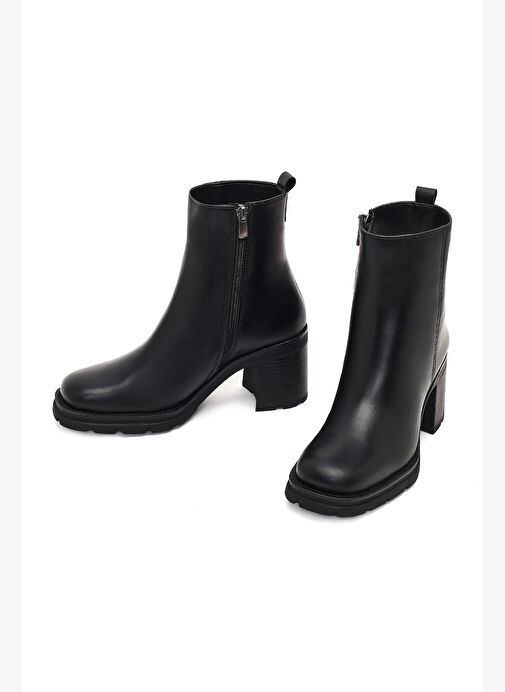 Kadın Siyah Fermuarlı Kalın Topuklu Deri Bot 25WFD188418 - Görsel 4