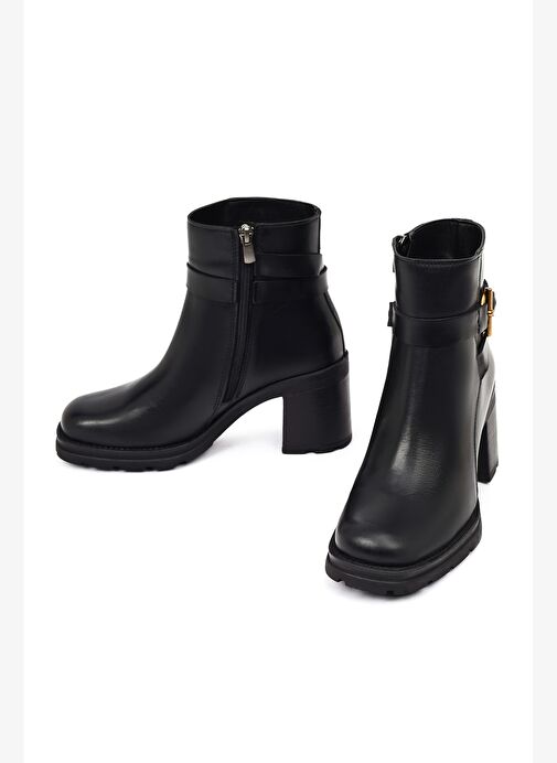 Kadın Siyah Fermuarlı Kalın Topuklu Deri Bot 25WFD188518 - Görsel 4