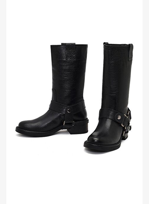 Kadın Siyah Deri Biker Çizme 25WFD1892FT - Görsel 4
